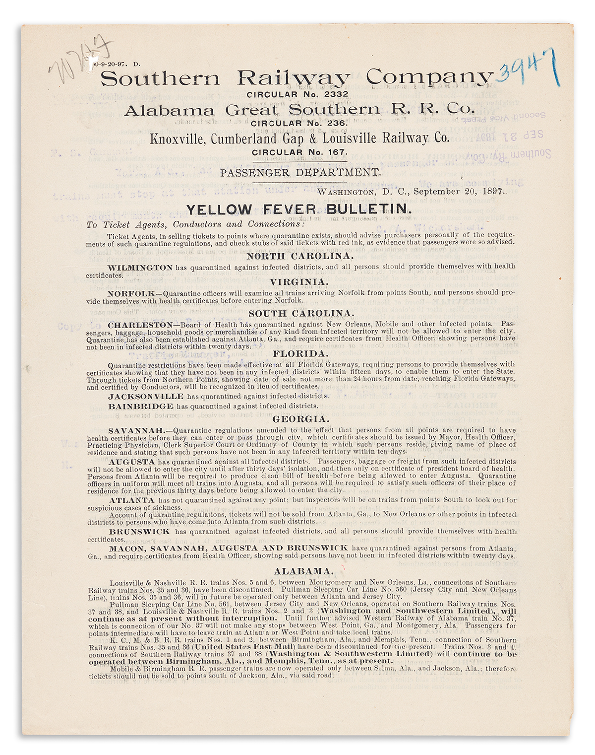 (MEDICINE.) Large group of railroad Yellow Fever Bulletins detailing quarantine conditions in southern cities.